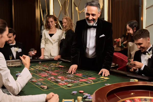 A confident dealer surrounded by casino chips inviting players to access their BDKO account, reflecting quick and easy login options.